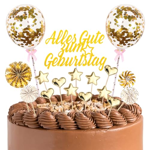 17 Stück Tortendeko Geburtstag, Gold Kuchen Deko, Glitter Torten Geburtstag Deko, Alles Gute zum Geburtstag tortendeko, Tortendeko Gold, Cake Topper mit Liebe Sternen Papierfächer und Luftballons von Epokus