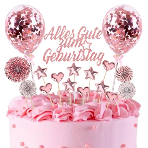 17 Stück Tortendeko Geburtstag, Rose Gold Kuchen Deko, Glitter Torten Geburtstag Deko für Mädchen und Damen, Cake Topper mit Liebe Sternen Papierfächer und Luftballons von Epokus