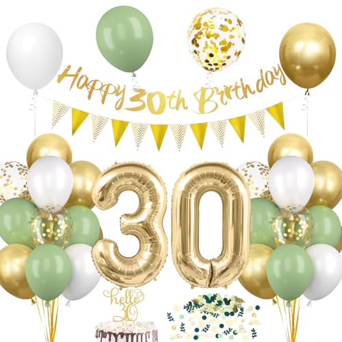 30. Geburtstag Deko Salbeigrüne, Deko 30 Geburtstag Frau Mann, 30er Geburtstag Luftballon mit Girlande, Geburtstag 30 Tortendeko Grün Gold, Avocado Grüne Konfetti Ballon für 30. Geburtstag Party Deko von Epokus