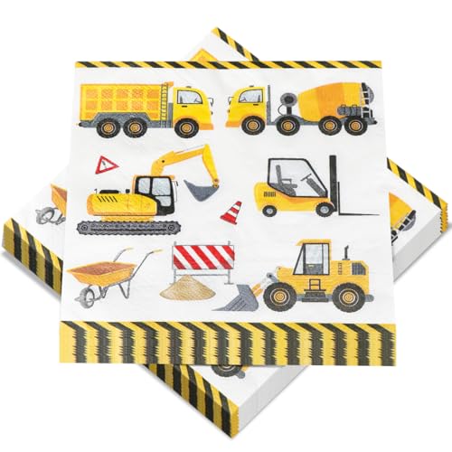 Servietten Bagger, 40 Stück Baustelle Servietten für Geburtstag, Servietten Tischdeko Baufahrzeug Bulldozer Radlader, Fahrzeuge Papierservietten für Kinder Geburtstag BAU Motto Party, 33 x 33 cm von Epokus