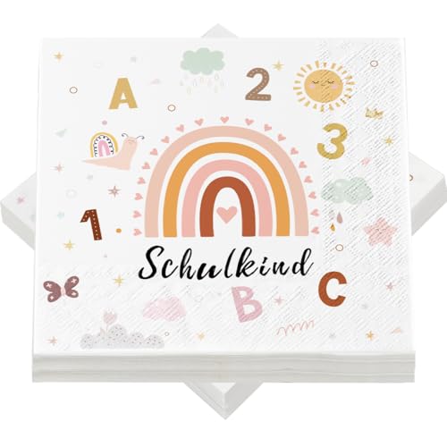 Servietten Schulkind, 40 Stück Regenbogen Einschulung Servietten, Servietten Endlich Schulkind mit ABC, 3-lagig Schulanfang Papierservietten für Kinder Schuleinführung Schule Tischdeko, 33 x 33 cm von Epokus