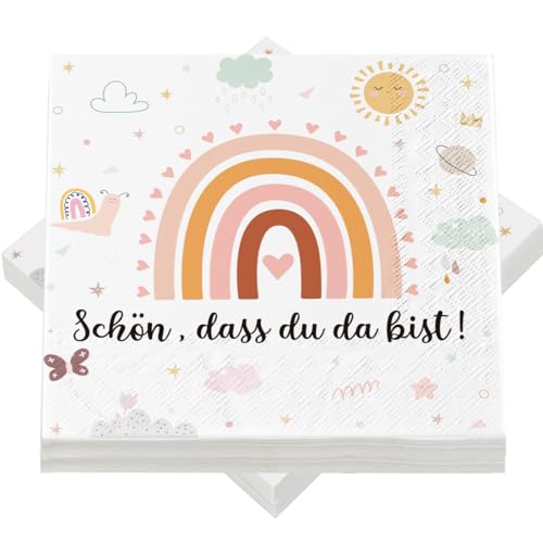 40 Stück Servietten Geburtstage, Servietten Schön Dass Du Da Bist, Regenbogen Servietten Tischdeko für Taufe, 3-lagig Papierserviette für Kinder Geburtstage Kommunion Feiern Boho Gartenparty Hochzeit von Epokus