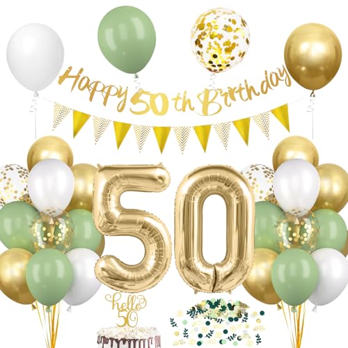 50. Geburtstag Deko Salbeigrüne, Deko 50 Geburtstag Frau Mann, 50er Geburtstag Luftballon mit Girlande, Geburtstag 50 Tortendeko Grün Gold, Avocado Grüne Konfetti Ballon für 50. Geburtstag Party Deko von Epokus