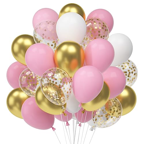 60 Luftballons Rosa Weiß Gold, 12” Gold Konfetti Latex Ballons, Pastell Rosa Weiß Luftballons, Metallic Gold Helium Balloons für Geburtstag Valentinstag Verlobung Hochzeit Graduierung Feier Party Deko von Epokus