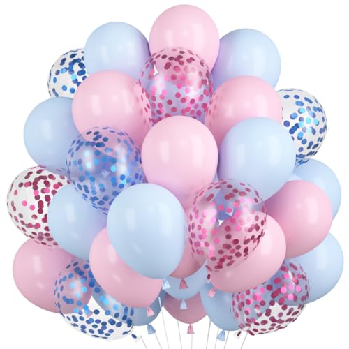 60 Stück Luftballons Macaron Rosa Blau, Rosa Blau Konfetti Ballons, Pastell Rosa Blaues Helium Ballon, 12 Zoll Latex Ballons Set für Geburtstag Feier Hochzeit Kinder Geschlecht Offenbaren Babyparty von Epokus