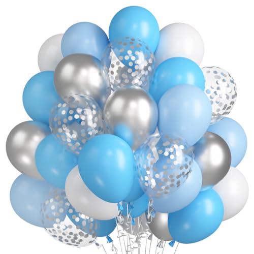 60 Stück Luftballons Macaron Blau Weiß, Metallic Silber Konfetti Ballons, Matt Hellblau Weiss Helium Ballon, Pastell Blau Latex Ballons Set für Geburtstag Feier Hochzeit Kinder Dusche Babyparty von Epokus