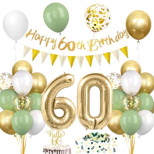 60. Geburtstag Deko Salbeigrüne, Deko 60 Geburtstag Frau Mann, 60er Geburtstag Luftballon mit Girlande, Geburtstag 60 Tortendeko Grün Gold, Avocado Grüne Konfetti Ballon für 60. Geburtstag Party Deko von Epokus