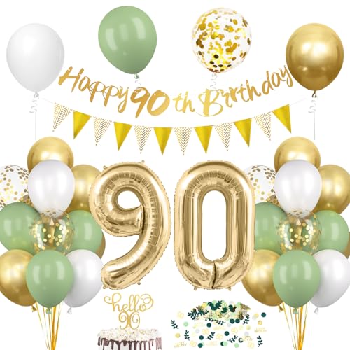 90. Geburtstag Deko Salbeigrüne, Deko 90 Geburtstag Frau Mann, 90er Geburtstag Luftballon mit Girlande, Geburtstag 90 Tortendeko Grün Gold, Avocado Grüne Konfetti Ballon für 90. Geburtstag Party Deko von Epokus