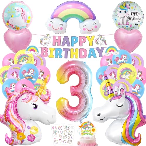 Einhorn Geburtstagsdeko 3 Jahre Set, einhorn luftballons 3 geburtstag mädchen, Einhor Luftballons Helium set, Einhor deko 3. geburtstag mädchen, Einhorn Girlande mit Tortendeko Aufkleber von Epokus