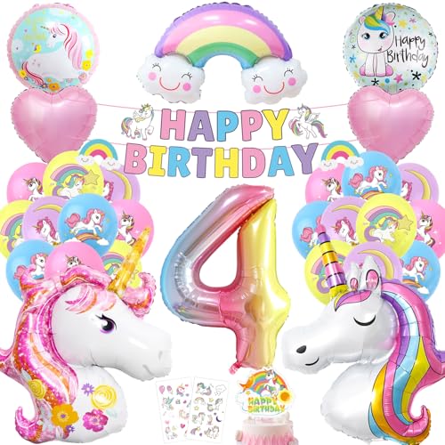 Einhorn Geburtstagsdeko 4 Jahre Set, einhorn luftballons 4 geburtstag mädchen, Einhor Luftballons Helium set, Einhor deko 4. geburtstag mädchen, Einhorn Girlande mit Tortendeko Aufkleber von Epokus