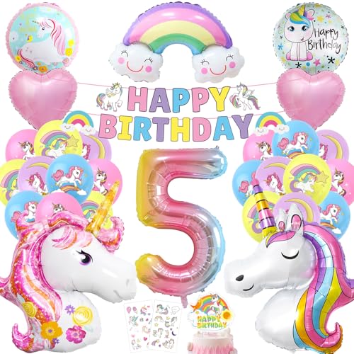 Einhorn Geburtstagsdeko 5 Jahre Set, einhorn luftballons 5 geburtstag mädchen, Einhor Luftballons Helium set, Einhor deko 5. geburtstag mädchen, Einhorn Girlande mit Tortendeko Aufkleber von Epokus