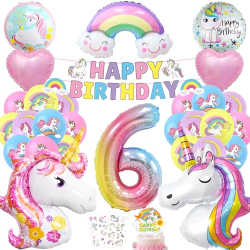 Einhorn Geburtstagsdeko 6 Jahre Set, einhorn luftballons 6 geburtstag mädchen, Einhor Luftballons Helium set, Einhor deko 6. geburtstag mädchen, Einhorn Girlande mit Tortendeko Aufkleber von Epokus