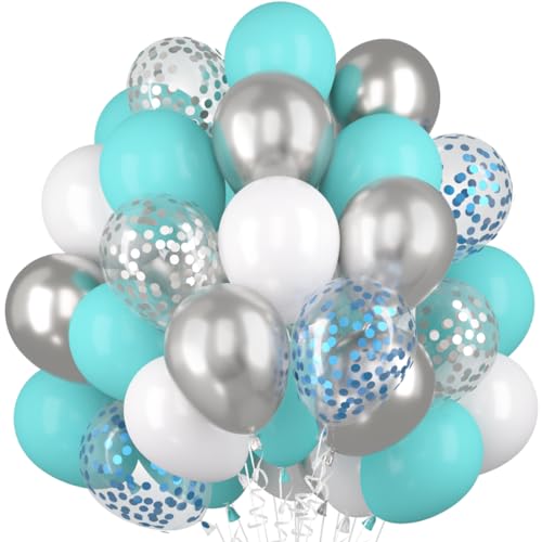 Luftballons Türkis Weiß Silber, 60 Stück Tiffany Blau Ballons, Metallic Silber Helium Ballon, Silber Konfetti Ballon, Matt Weiß Latex Ballons für Kinder Geburtstag Hochzeit Babyparty Party Kommunion von Epokus