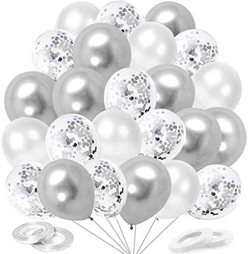 Luftballons Silber Klare Gelbe Off-white,60 Stück Konfetti Silber Ballons 12 Zoll, Hochzeitsballons Metallic Silber Balloons mit Bändern für Geburtstag Hochzeit Babyparty Valentinstag Silvester Deko von Epokus