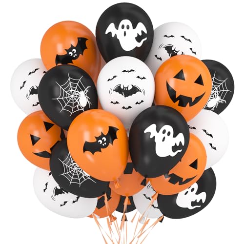 Halloween Latex Ballons, 60 Stück Fledermaus Geister Spinnen Kürbis Druckballon, Orange Weiß Schwarz Luftballons, Halloween Helium Ballons für Kinder Halloween Motto Party Dekoration von Epokus