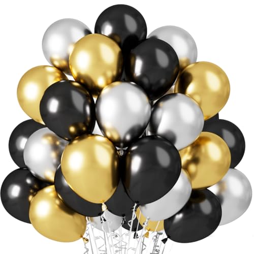 60 Stück Luftballons Schwarze Gold, Helium Luftballon Schwarze Gold Silber, Metallic Gold Silber Latex Ballons, 12 Zoll Schwarze Partyballon Deko fur Geburtstag Graduierung Hochzeit Verlobung Neujahr von Epokus