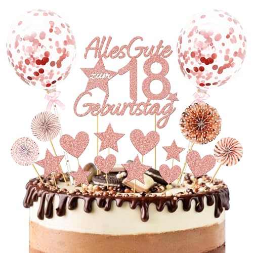 Tortendeko 18. Geburtstag, Rose Gold Kuchen Deko, Glitter Torten 18 Geburtstag Deko für Mädchen und Damen, Cake Topper mit Liebe Sternen Papierfächer und Luftballons von Epokus