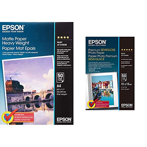 Epson C13S041256 Matte Heavyweight Papier Inkjet 167 g / m2 A4 One-sided, 50 Blatt Pack & C13S041765 Premium semi gloss Photopapier Inkjet 251g/m2 100 x 150 mm 50 Blatt Pack von Epson