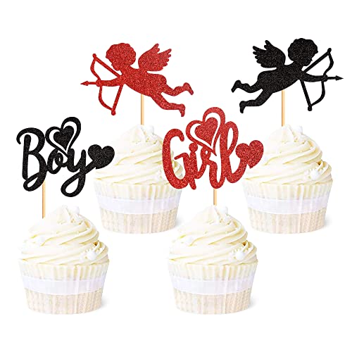 Ercadio 24 Stück Amor Junge oder Mädchen Cupcake Topper Schwarz Rot Glitzer Valentinstag Amor Cupcake Picks Valentinstag Geschlecht Offenbarung Kuchendekorationen für Hochzeit Valentinstag Party Kuchen Dekor Zubehör von Ercadio