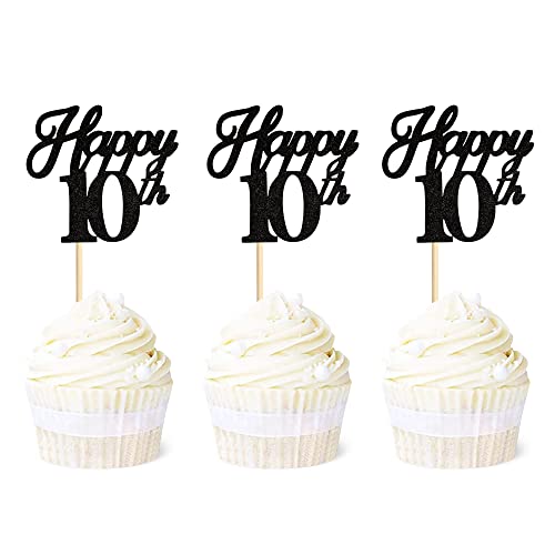 Ercadio 24 Stück Happy 10th Cupcake Toppers Schwarz Glitzer 10th Cupcake Picks Hello 10 Cupcake Dekors Alter 10 Cupcake Picks Geburtstag Hochzeit Jahrestag Party Kuchen Dekorationen Zubehör (10., schwarz) von Ercadio