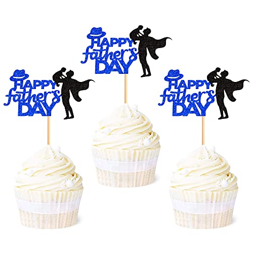 Ercadio 24 Stück Happy Father's Day Cupcake Topper mit Hut Blau Glitzer Super Dad Cupcake Picks Happy Father's Day Thema Party Kuchen Dekorationen Supplies von Ercadio