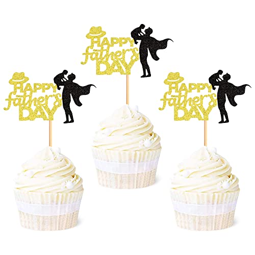 Ercadio 24 Stück Happy Father's Day Cupcake Topper mit Hut Gold Glitzer Super Dad Cupcake Picks Happy Father's Day Theme Party Kuchen Dekorationen Supplies von Ercadio