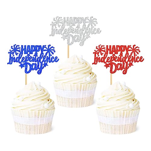 Ercadio 24 Stück Happy Independence Day Cupcake-Topper Blau Rot Silber Glitzer Stern USA Patriotische Cupcake Picks für 4. Juli American National Independence Day Thema Party Kuchen Dekor Supplies von Ercadio