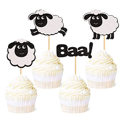 Ercadio 24 Stück Schaf Cupcake Topper Schwarz Glitzer Bauernhof Tiere Cupcake Picks Sheep Baa Cupcake Dekors Sheep Thema Baby Shower Geburtstag Party Supplies von Ercadio