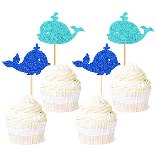 Ercadio 24 Stück Wal Cupcake Topper Glitzer Nautische Cupcake Topper Wal Cupcake Picks Ozean Segeln Thema Babyparty Geburtstag Party Kuchen Dekorationen Zubehör von Ercadio