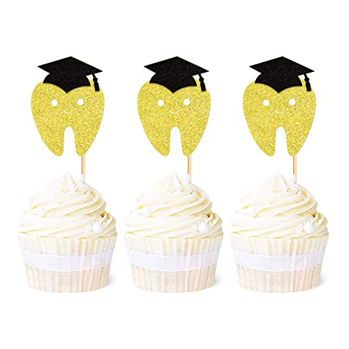 Ercadio 24 Stück Zähne Cupcake Topper Glitzer Gold Zahnarzt Zähne Cupcake Picks Congrats Zahnarzt Cupcake Topper 2023 Abschluss Cupcake Picks für Abschluss Thema Party Kuchen Dekors Supplies von Ercadio