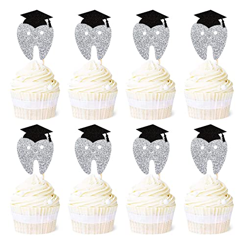 Ercadio 24 Stück Zähne Cupcake Topper Glitzer Silber Zahnarzt Zähne Cupcake Picks Congrats Zahnarzt Cupcake Topper 2023 Abschluss Cupcake Picks für Abschluss Thema Party Kuchen Dekors Supplies von Ercadio