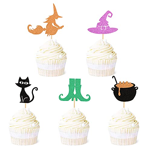 Ercadio 30 Stück Hexe Cupcake Topper Glitter Katze Hexe Boot Hut Halloween Cupcake Picks Baby Shower Geburtstag Happy Halloween Motto Party Kuchen Dekorationen Zubehör von Ercadio