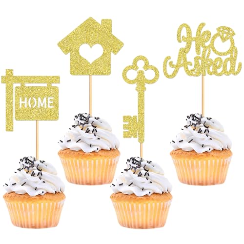 Ercadio 30 Stück Sweet Home Cupcake Toppers Gold Glitter Welcome Home Cupcake Picks Key Lock Housewarming Cupcake Toppers New Home Thema Party Kuchen Dekorationen Zubehör von Ercadio