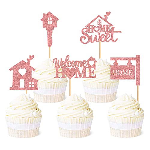 Ercadio 30 Stück Sweet Home Cupcake Toppers Rose Gold Glitter Welcome Home Cupcake Picks Key Lock Housewarming Cupcake Toppers New Home Thema Party Kuchen Dekorationen Zubehör von Ercadio