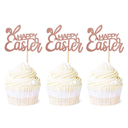 Ercadio 36 Stück "Happy Easter" Cupcake-Topper, Roségold, Glitzer, Bunney-Ohr, Cupcake-Picks, Happy Easter-Thema, Party-Kuchendekorationen von Ercadio