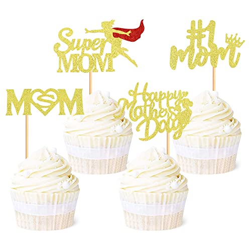 Ercadio 36 Stück "Happy Mother's Day" Cupcake-Topper Gold Glitter Super Mom Cupcake Picks Love Mom Cupcake Dekorationen Best Mom Kuchen Picks Mutterthema Party Dekorationen Supplies von Ercadio