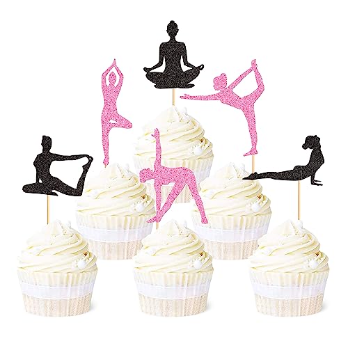 Ercadio 36 Stück Yoga Cupcake Toppers Schwarz Glitzer Yoga Balance Cupcake Picks Frauen Mädchen Yoga Kuchen Dekorationen für Gym Sport Yoga Thema Geburtstag Party Kuchen Dekorationen Supplies von Ercadio