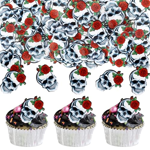 Ercadio 40 Stück essbare Oblaten Papier Halloween Schädel Cupcake Topper essbare Totenkopf Kuchen Picks Halloween Horror Schädel Cupcake Dekorationen für Halloween Thema Babyparty Party Kuchen von Ercadio