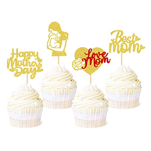 Ercadio 48 Stück goldfarbene glitzernde Cupcake-Topper mit Aufschrift "Happy Mother's Day", für die beste Mutter, Liebe, Mama, Cupcake-Picks, Herzform, "Happy Mother's Day", Motto-Party, Kuchendekorationen (4 Stile, Gold) von Ercadio