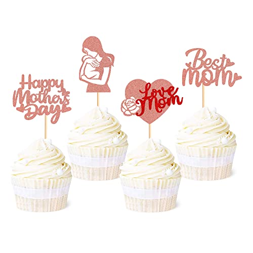 Ercadio 48 Stück rotgoldene glitzernde "Happy Mother's Day" Cupcake-Topper Beste Mutter Liebe Mutter Cupcake Picks Herz Happy Mother's Day Motto Party Kuchen Dekorationen Supplies (4 Stile, Roségold) von Ercadio