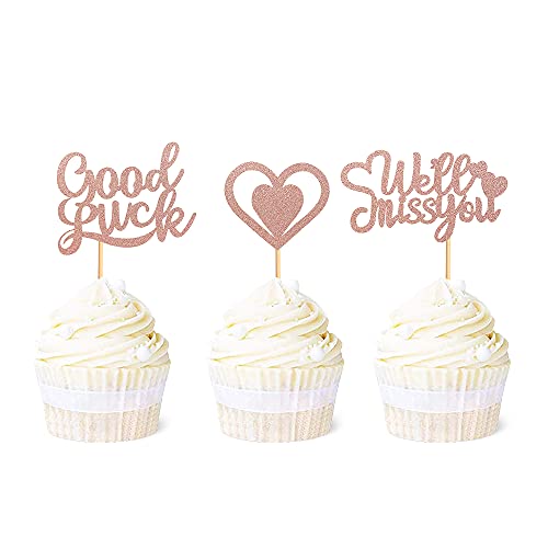 Ercadio Cupcake-Topper mit Aufschrift "We will Miss You", glitzernd, Herzform, Glücksbringer, Cupcake-Picks, Dekorationen für den Ruhestand, Partyzubehör, Roségold, 36 Stück von Ercadio