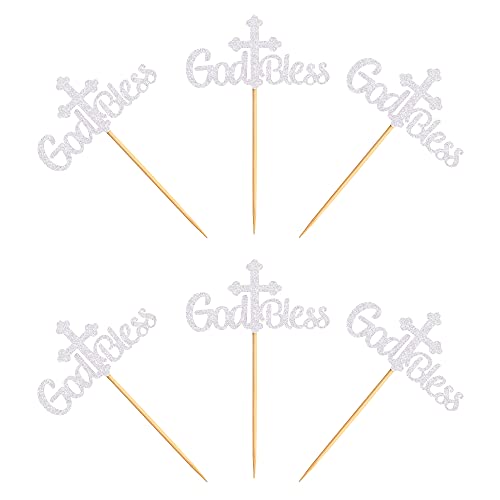 Ercadio Cupcake-Topper mit Kreuz, glitzernd, für Taufe, Weihnachten, religiöse Party, silberfarben, 36 Stück von Ercadio