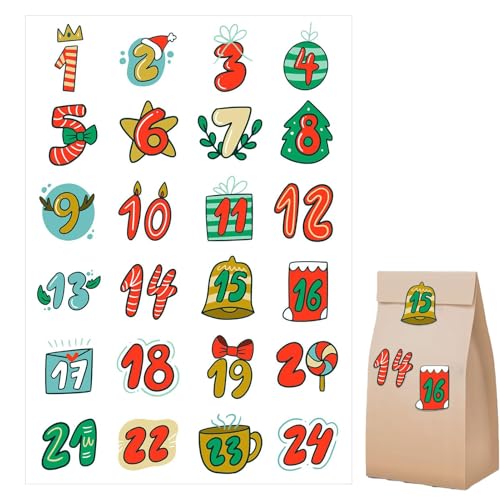 Adventskalender Aufkleber, Aufkleber Weihnachten Zahlen 1-24 Weihnachtskalender Zahlenaufkleber Selbstklebende Sticker Für Kalender Weihnachtsetiketten Für Geschenkverpackung, Weihnachtsdekoration von Erconsso