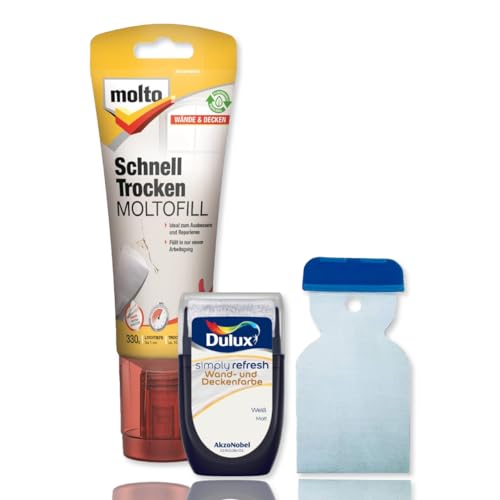 Molto Reparatur Set Moltofill Schnelltrocken mit Dulux Weiß Farbroller und Metallspachtel von Erhard-Trading