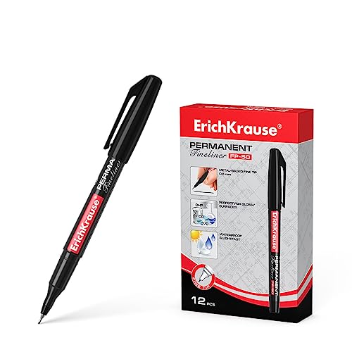 ErichKrause Fineliner 0,6mm schwarz - fein zum Schreiben Markieren Zeichnen - CD Marker für DVD und OHP Folien 12 Permanentmarker P-50 Schwarz (Packung) Wasserfest von Erich Krause