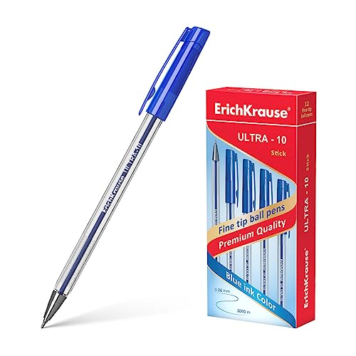 ErichKrause Kugelschreiber ULTRA-10 Kunststoff Metallspitze 0.7 Tinte blau 12er Pack Bürobedarf Schreibstift Ultra Glide Kullis 12 x nachfüllbar transparent Barrel blau Kugelschreiber Fusion 0,7 mm von Erich Krause