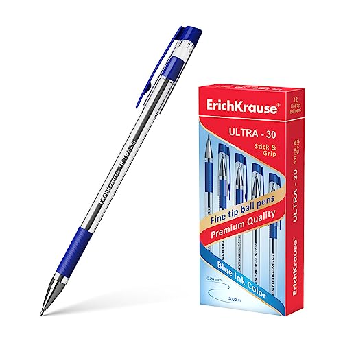 Erich Krause Kugelschreiber 0,26mm 12er Pack Blau - einfaches und weiches Schreiben - schlanke Form & transparent - Kullis & Schreibtischzubehör - mit Gummigriff - ULTRA-30 von Erich Krause