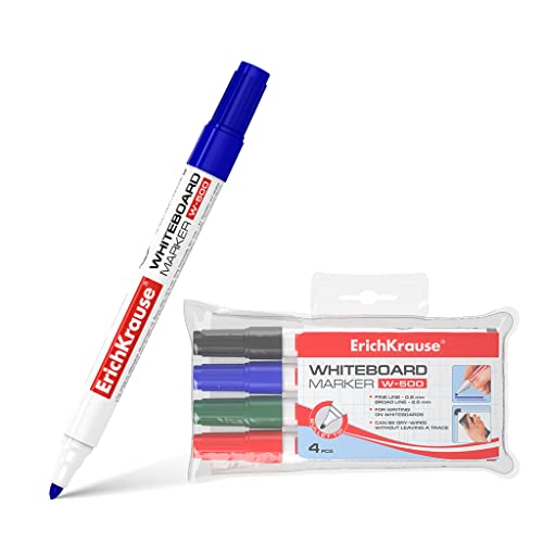 ErichKrause Whiteboard Marker W-500 Rundspitze 0,8-2,5 mm 4er Set - Marker für Whiteboards Flipcharts Memoboards Glas - abwischbare schnelltrocknend ungiftig Etui Boardmarker von Erich Krause