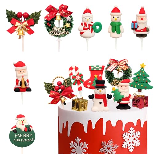 16 Stück Weihnachten Kuchendeko, Weihnachtskuchen Cupcake Topper Mini Figuren Kuchendeckel Weihnachtsmann Schneemann Girlande Cake Topper für Weihnachten Kuchen Dekorationen von Ericrise