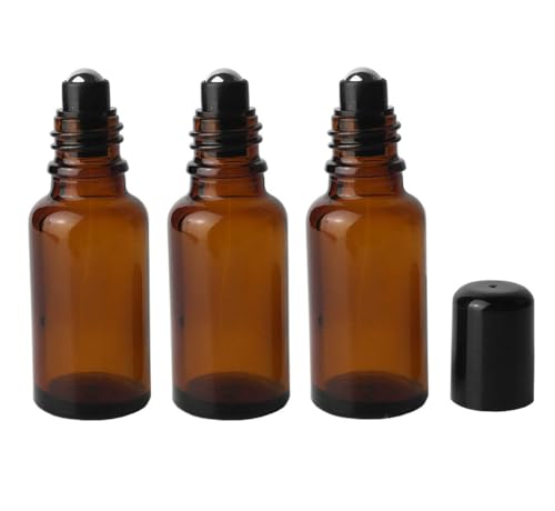 3 x 30 ml, leere bernsteinfarbene Glasflaschen mit Edelstahl-Rollkugeln, nachfüllbare Probenbehälter, Parfümöl, ätherisches Öl, Lippenbalsam von Erioctry